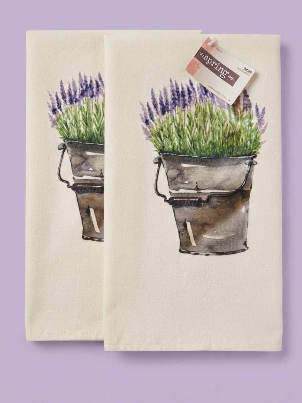 NWT Set of 2 The Spring Shop Lavender Flower Bucket Tea Towels